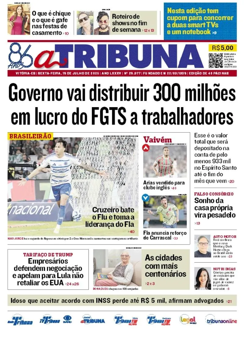 Imagem ilustrativa da imagem Confira os destaques do jornal A Tribuna desta sexta-feira