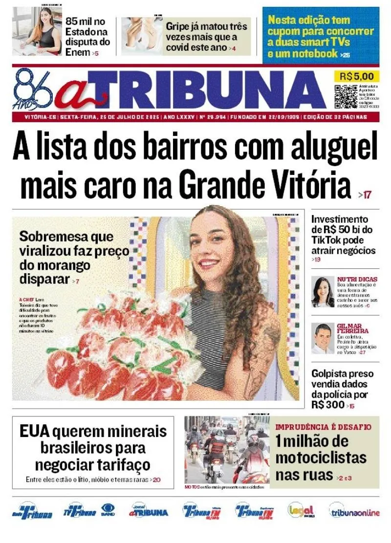 Imagem ilustrativa da imagem Confira os destaques do jornal A Tribuna desta sexta-feira