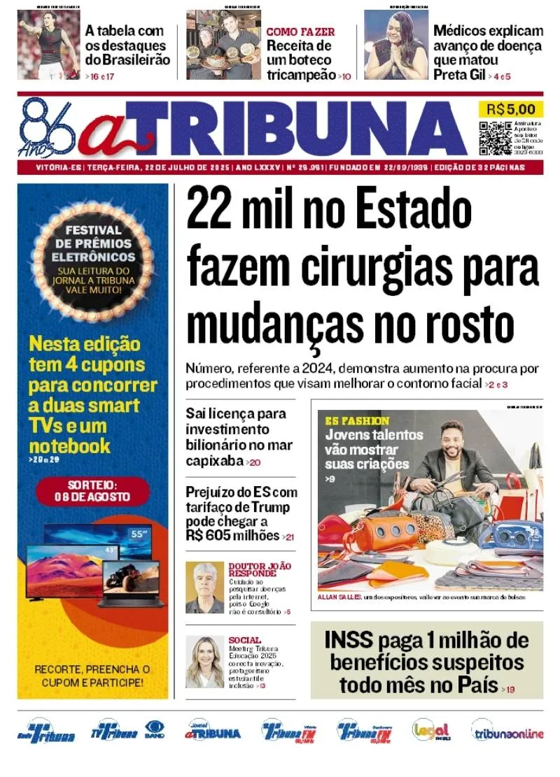 Imagem ilustrativa da imagem Confira os destaques do jornal A Tribuna desta terça-feira