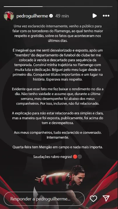 Imagem ilustrativa da imagem Pedro rebate críticas públicas de Filipe Luís em comunicado e classifica fala como ‘desrespeitosa’