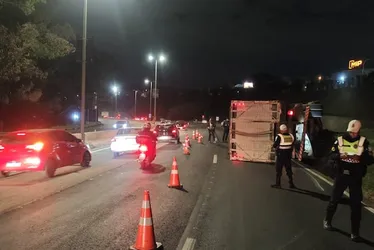 Imagem ilustrativa da imagem Caminhão carregado de bois e vacas tomba no Anel Rodoviário de BH; veja vídeo