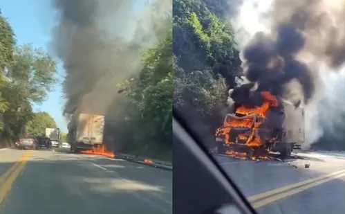 
          Imagem ilustrativa da imagem Caminhão de cerveja pega fogo na BR-262 em Viana
          