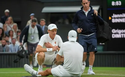 
          Imagem ilustrativa da imagem Wimbledon: Sinner escapa de eliminação graças a abandono de Dimitrov
          