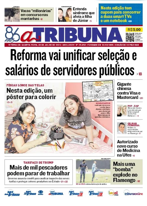 Imagem ilustrativa da imagem Confira os destaques do jornal A Tribuna desta quarta-feira
