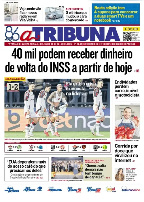 Imagem ilustrativa da imagem Confira os destaques do jornal A Tribuna desta quinta-feira