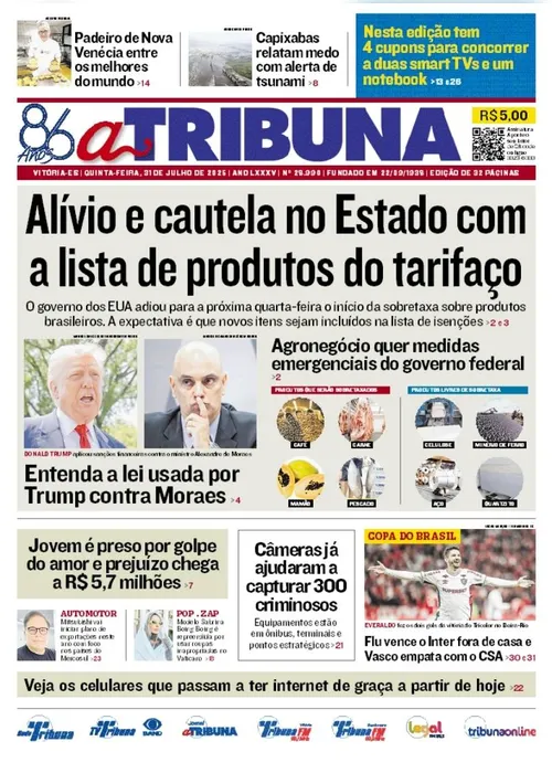 Imagem ilustrativa da imagem Confira os destaques do jornal A Tribuna desta quinta-feira