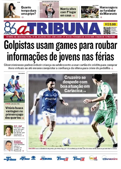 Imagem ilustrativa da imagem Confira os destaques do jornal A Tribuna desta segunda-feira