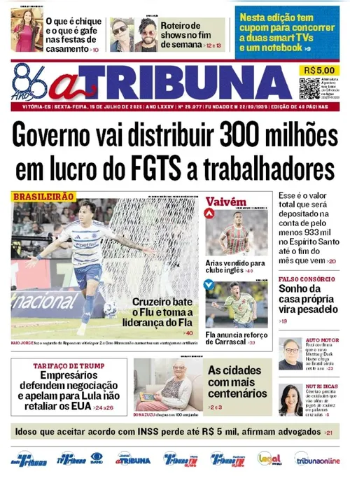 Imagem ilustrativa da imagem Confira os destaques do jornal A Tribuna desta sexta-feira