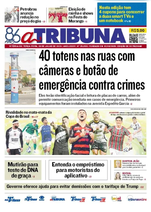 Imagem ilustrativa da imagem Confira os destaques do jornal A Tribuna desta terça-feira