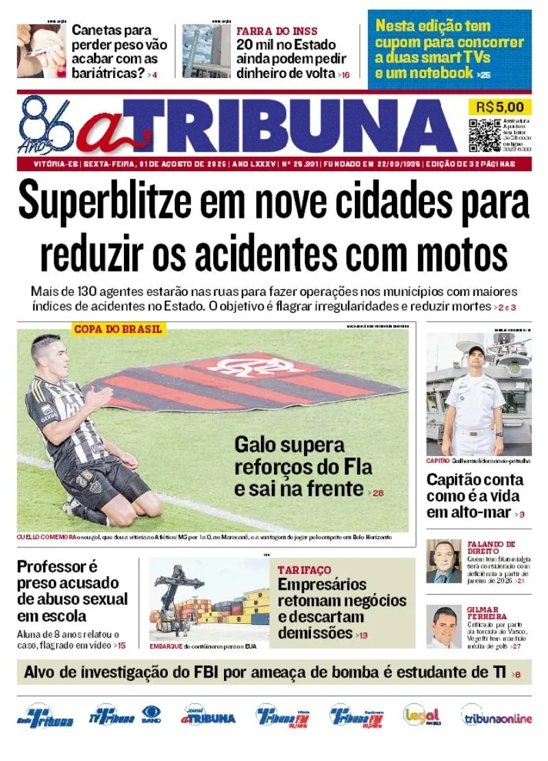 Imagem ilustrativa da imagem Confira os destaques do jornal A Tribuna desta sexta-feira
