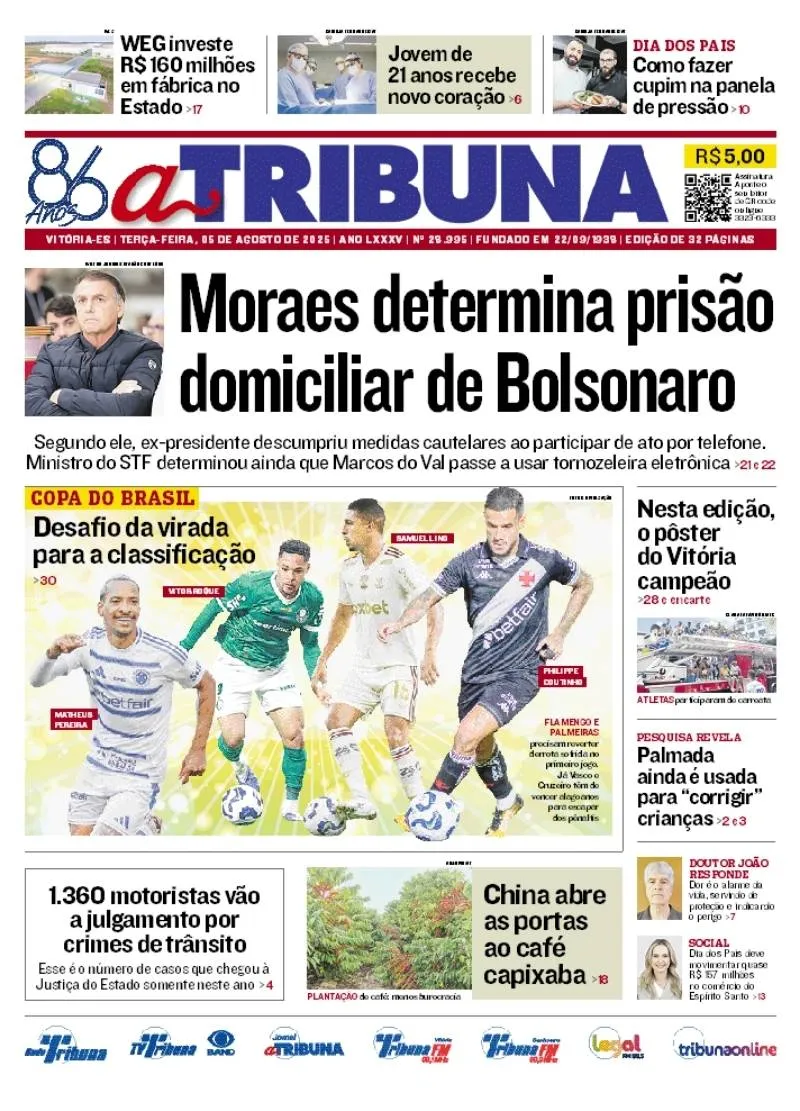 Imagem ilustrativa da imagem Confira os destaques do jornal A Tribuna desta terça-feira