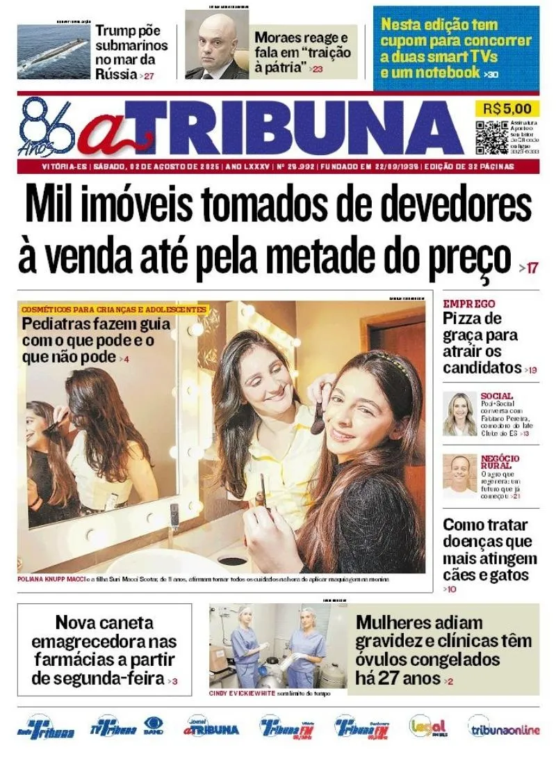 Imagem ilustrativa da imagem Confira os destaques do jornal A Tribuna deste sábado
