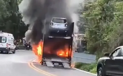 
          Imagem ilustrativa da imagem Caminhão pega fogo e BR-262 fica parcialmente interditada em Domingos Martins
          