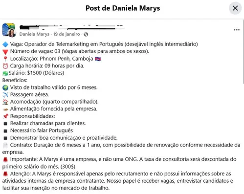 
          Imagem ilustrativa da imagem Família diz que brasileira presa no Camboja foi vítima de tráfico humano
          