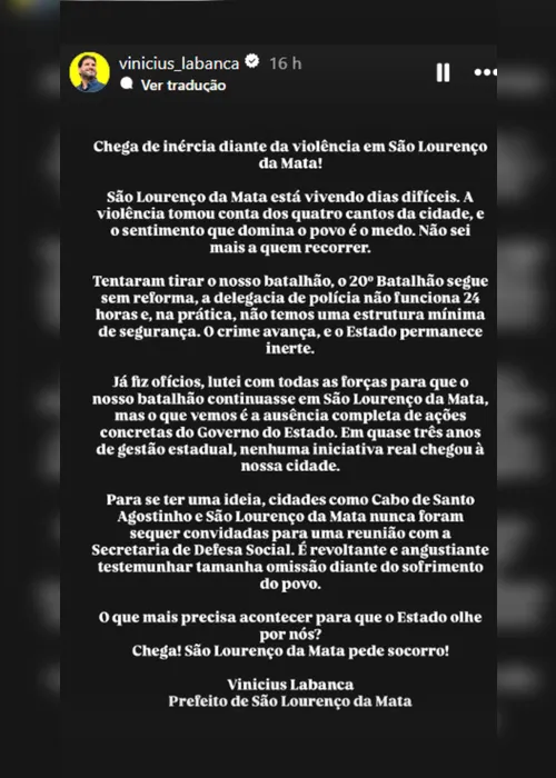 Imagem ilustrativa da imagem “Chega de inércia diante da violência”, diz prefeito de São Lourenço após tiroteio
