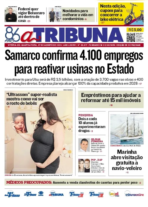 Imagem ilustrativa da imagem Confira os destaques do jornal A Tribuna desta quarta-feira