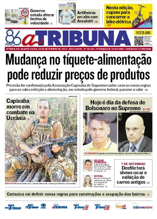 Imagem ilustrativa da imagem Confira os destaques do jornal A Tribuna desta quarta-feira