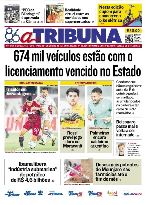 Imagem ilustrativa da imagem Confira os destaques do jornal A Tribuna desta quarta-feira