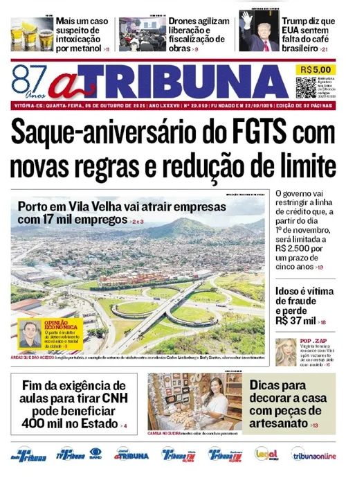 Imagem ilustrativa da imagem Confira os destaques do jornal A Tribuna desta quarta-feira