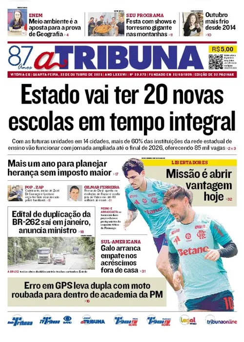 Imagem ilustrativa da imagem Confira os destaques do jornal A Tribuna desta quarta-feira