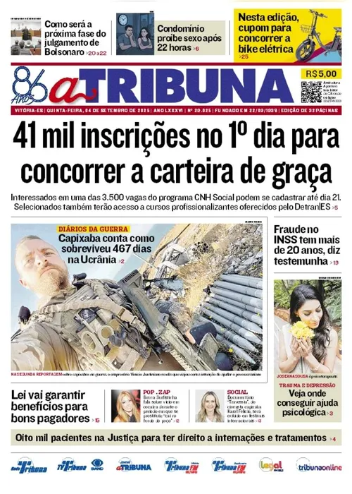 Imagem ilustrativa da imagem Confira os destaques do jornal A Tribuna desta quinta-feira
