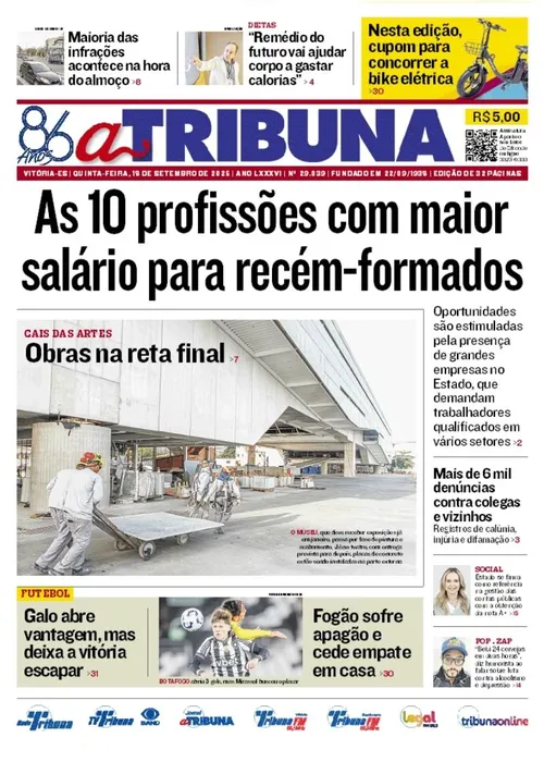 Imagem ilustrativa da imagem Confira os destaques do jornal A Tribuna desta quinta-feira