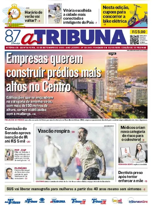 Imagem ilustrativa da imagem Confira os destaques do jornal A Tribuna desta quinta-feira