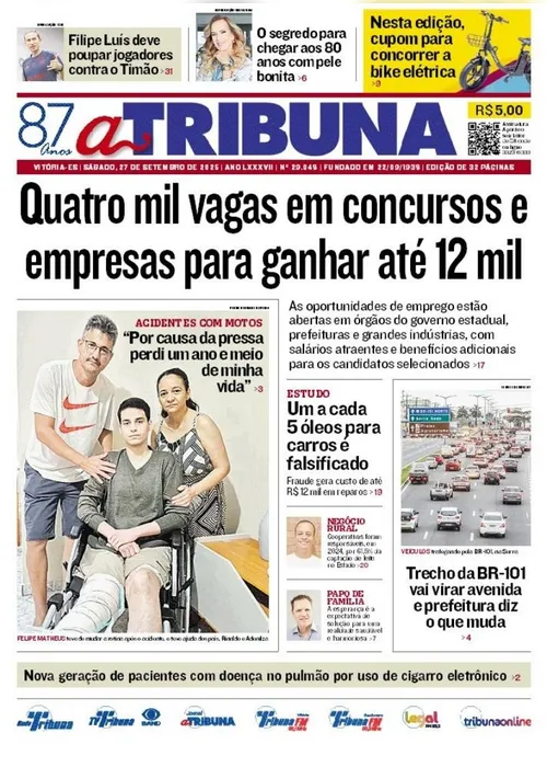 Imagem ilustrativa da imagem Confira os destaques do jornal A Tribuna desta sábado