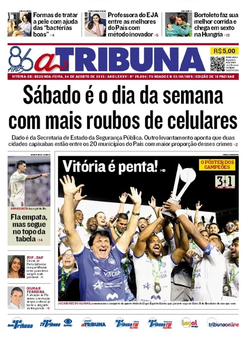 Imagem ilustrativa da imagem Confira os destaques do jornal A Tribuna desta segunda-feira