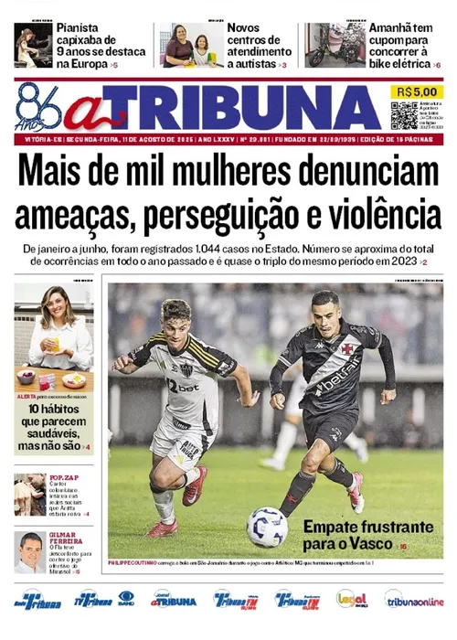 Imagem ilustrativa da imagem Confira os destaques do jornal A Tribuna desta segunda-feira