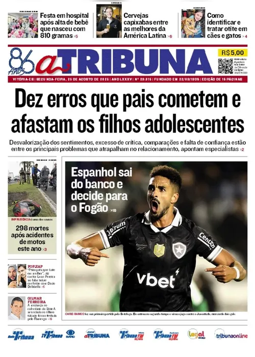 Imagem ilustrativa da imagem Confira os destaques do jornal A Tribuna desta segunda-feira