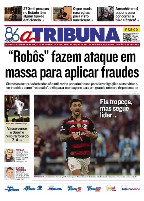 Imagem ilustrativa da imagem Confira os destaques do jornal A Tribuna desta segunda-feira