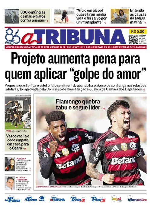 Imagem ilustrativa da imagem Confira os destaques do jornal A Tribuna desta segunda-feira