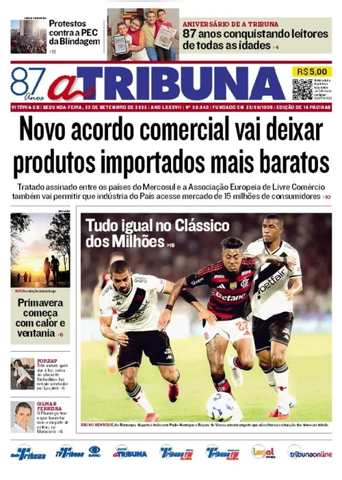 Imagem ilustrativa da imagem Confira os destaques do jornal A Tribuna desta segunda-feira