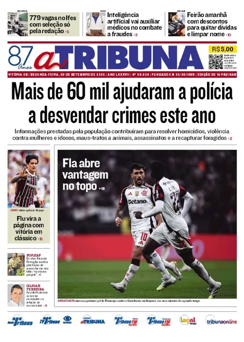 Imagem ilustrativa da imagem Confira os destaques do jornal A Tribuna desta segunda-feira