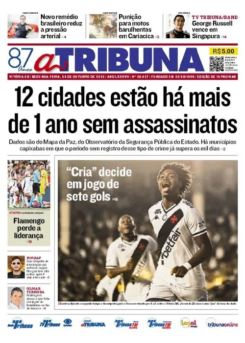 Imagem ilustrativa da imagem Confira os destaques do jornal A Tribuna desta segunda-feira