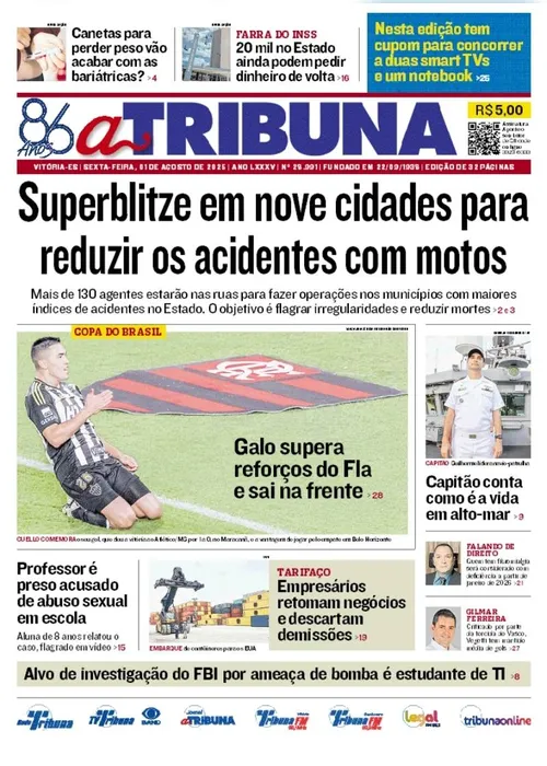 Imagem ilustrativa da imagem Confira os destaques do jornal A Tribuna desta sexta-feira
