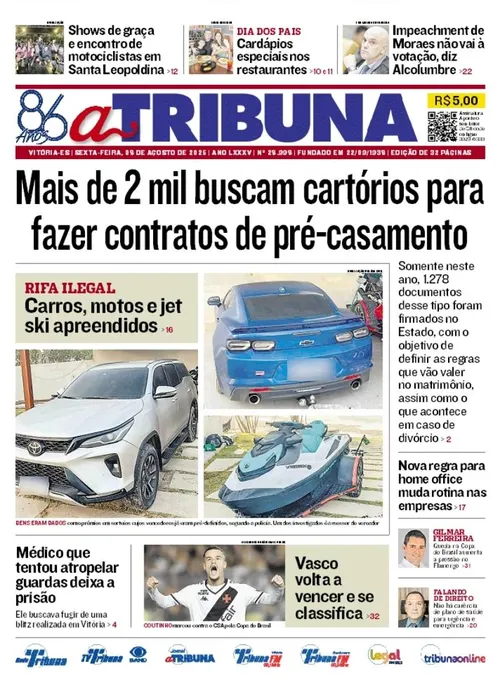 Imagem ilustrativa da imagem Confira os destaques do jornal A Tribuna desta sexta-feira
