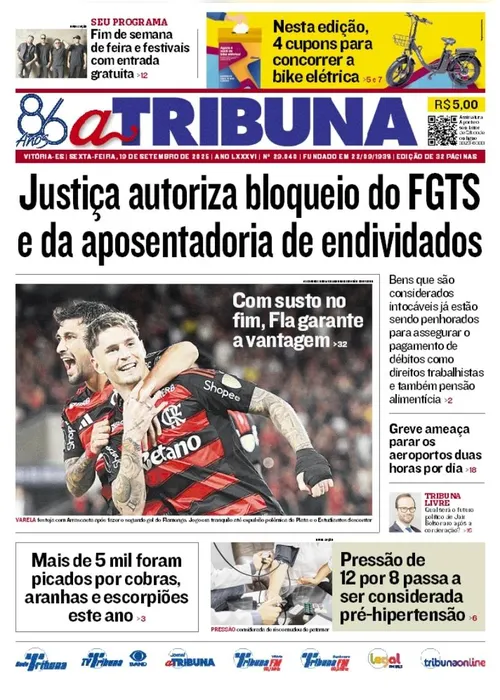 Imagem ilustrativa da imagem Confira os destaques do jornal A Tribuna desta sexta-feira