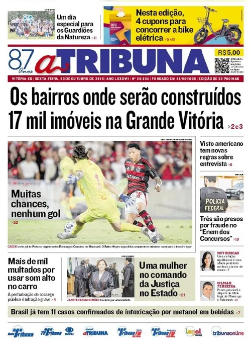 Imagem ilustrativa da imagem Confira os destaques do jornal A Tribuna desta sexta-feira