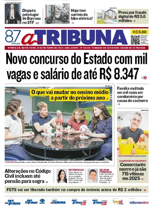 Imagem ilustrativa da imagem Confira os destaques do jornal A Tribuna desta sexta-feira