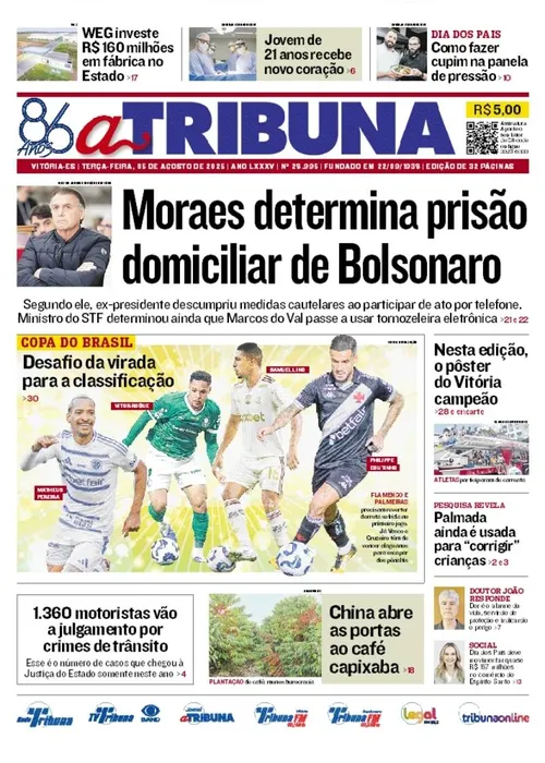 Imagem ilustrativa da imagem Confira os destaques do jornal A Tribuna desta terça-feira