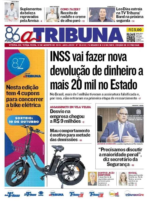 Imagem ilustrativa da imagem Confira os destaques do jornal A Tribuna desta terça-feira