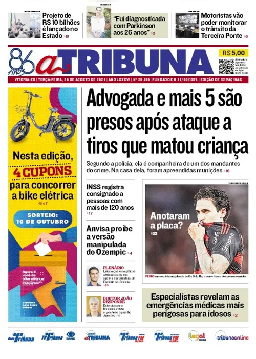 Imagem ilustrativa da imagem Confira os destaques do jornal A Tribuna desta terça-feira