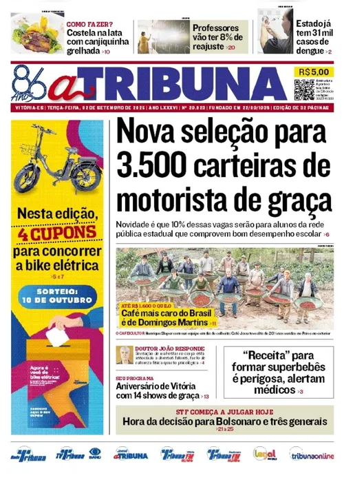 Imagem ilustrativa da imagem Confira os destaques do jornal A Tribuna desta terça-feira