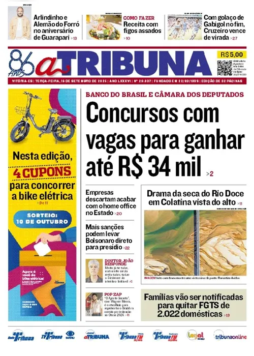 Imagem ilustrativa da imagem Confira os destaques do jornal A Tribuna desta terça-feira