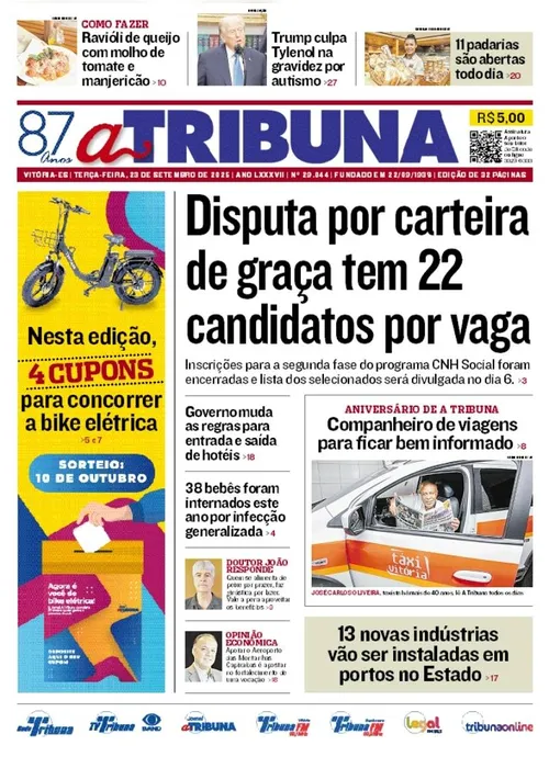 Imagem ilustrativa da imagem Confira os destaques do jornal A Tribuna desta terça-feira