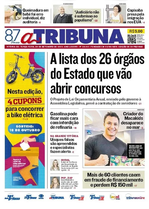 Imagem ilustrativa da imagem Confira os destaques do jornal A Tribuna desta terça-feira