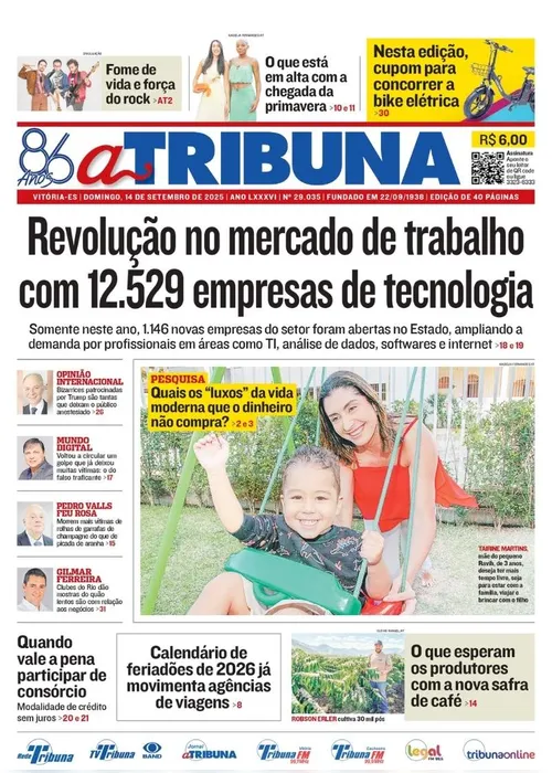 Imagem ilustrativa da imagem Confira os destaques do jornal A Tribuna deste domingo