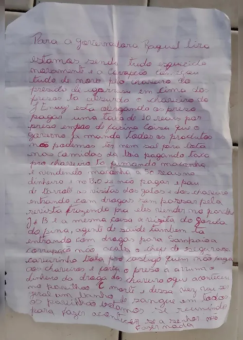 Imagem ilustrativa da imagem Criminosos deixam carta à Raquel Lyra e prometem banho de sangue em presídio